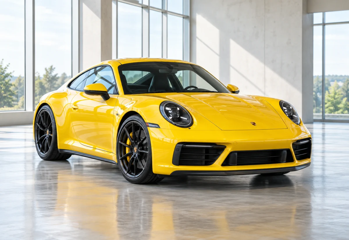 Bright yellow Porsche 911 in a sunlit indoor showroom